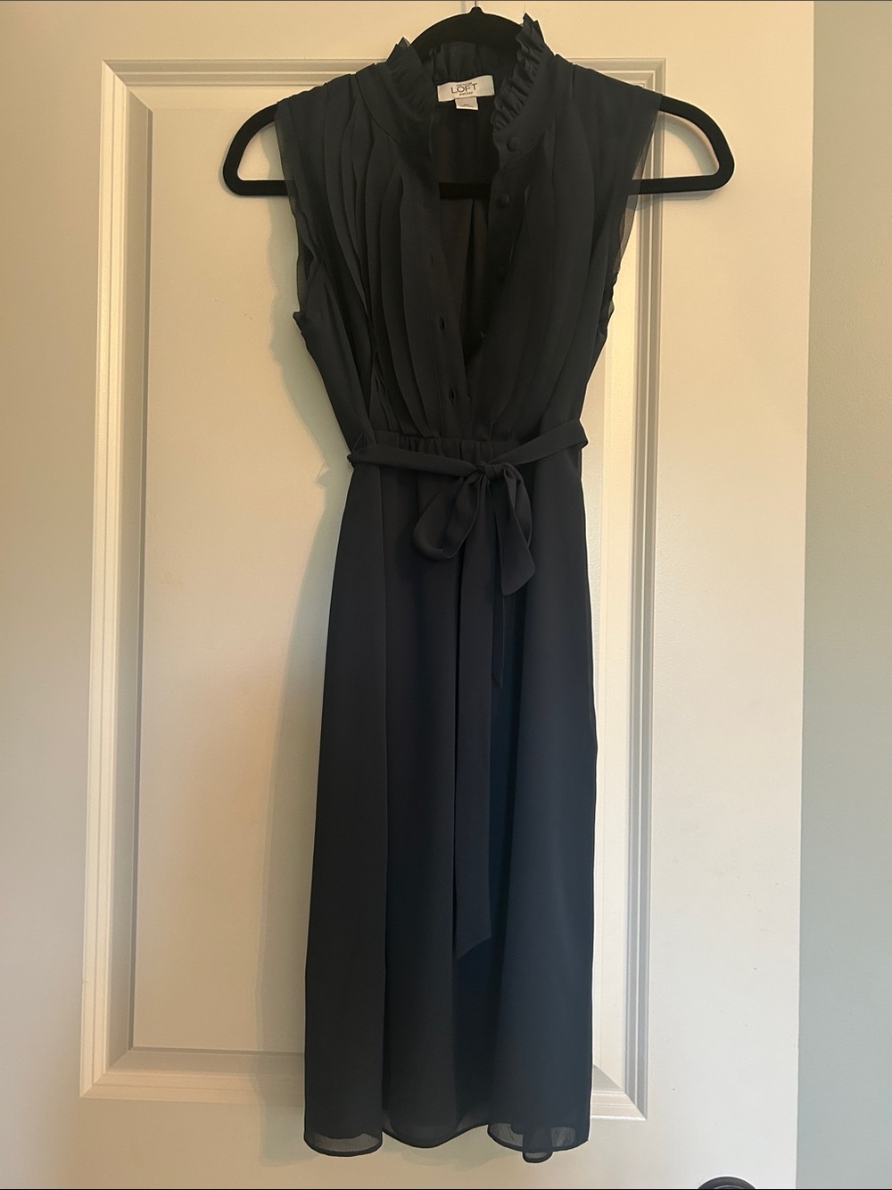 LOFT Navy Ruffled V-Neck Sleeveless Midi Dress with Tie Waist